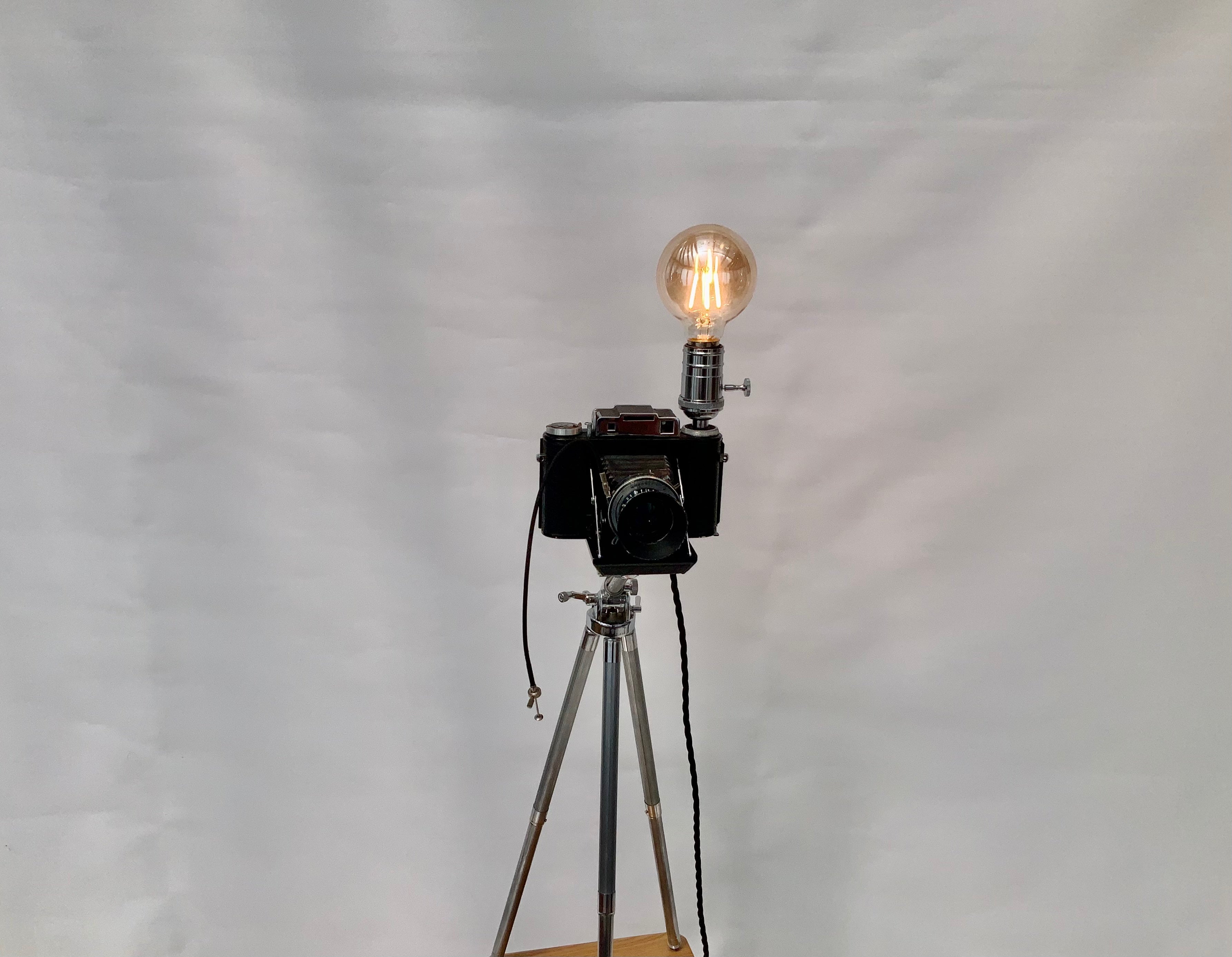 British Made 1950s Agifold Camera Repurposed into a stunning camera lamp.