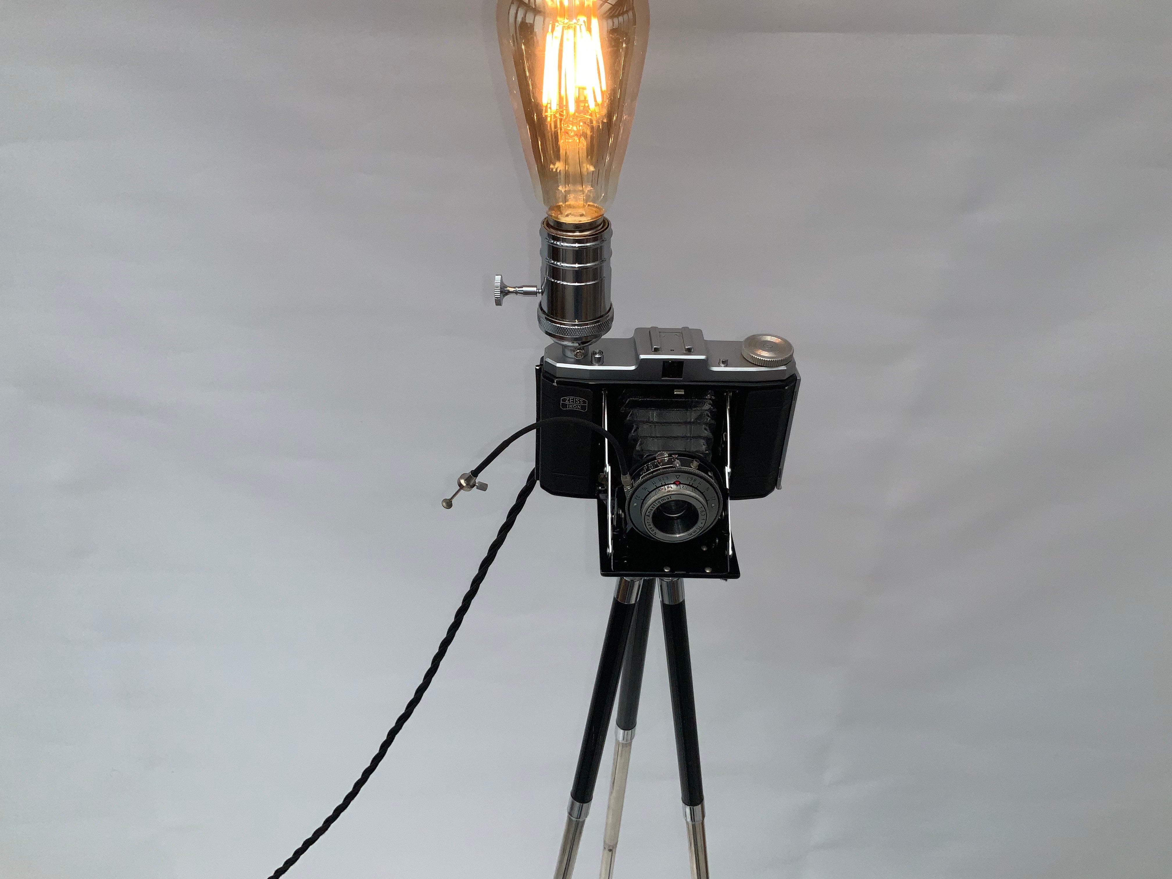 German Made 1950s Zeiss Icon Nettar repurposed into a stunning camera lamp.